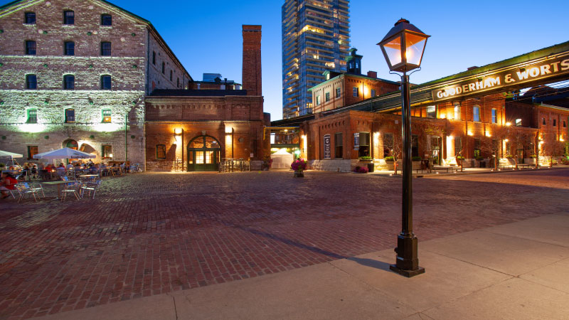Historic brick buildings in Toronto's Distillery District