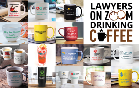 Picture of different coffee mugs with the phrase Lawyers on Zoom Drinking Coffee