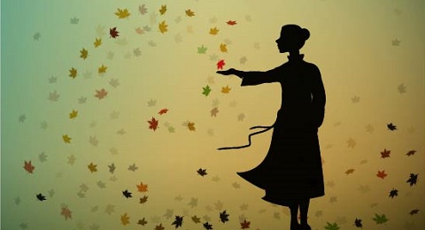 Silhouette of a person standing gracefully, holding a falling leaf, surrounded by colorful autumn leaves swirling against a gradient background.