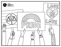 Hands holding signs with pride symbols and messages of love and equality.