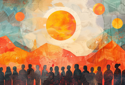 Abstract artwork depicting silhouettes of people against a vibrant landscape of orange mountains and a large sun with additional celestial elements.