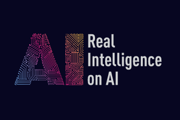 Stylized text 'AI' with circuit board patterns, followed by the phrase 'Real Intelligence on AI' on a dark background.