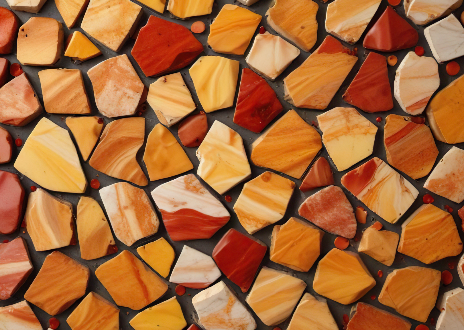 Close-up of a mosaic with irregular orange, red, and beige stone tiles arranged in a textured pattern.