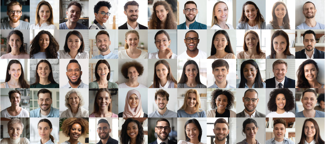 A collage of diverse headshots featuring individuals of different ages, genders, and ethnicities, all smiling and looking directly at the camera