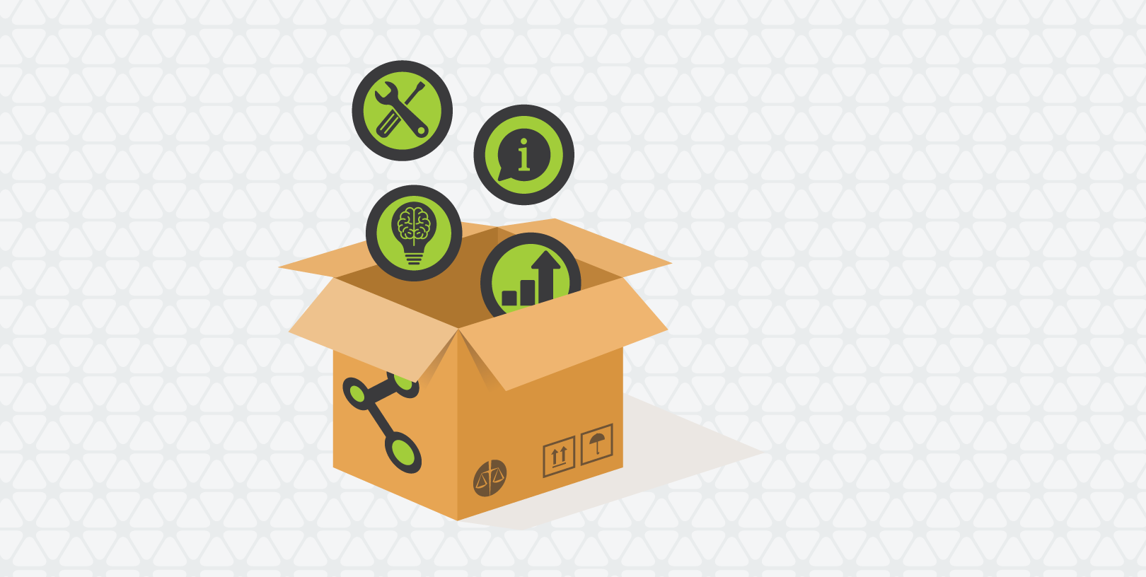 Illustration of an open cardboard box with green icons representing tools, information, and growth emerging from it, symbolizing resources and benefits.