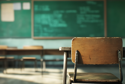 Empty classroom with wooden desks and chairs, focusing on a single chair in the foreground and a green chalkboard in the background.