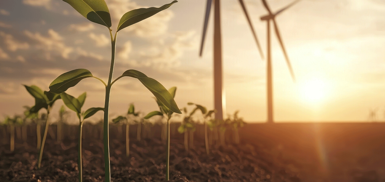 Young green plants growing in a field with wind turbines in the background at sunset, symbolizing sustainability and renewable energy.