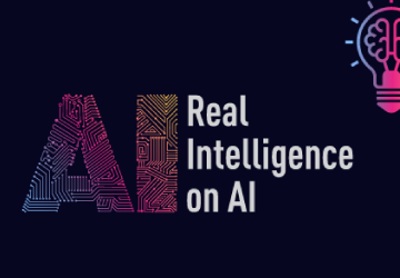 Dark background graphic with the text 'Real Intelligence on AI' alongside a stylized 'AI' design featuring circuit patterns and three colorful lightbulb icons with brain illustrations inside.