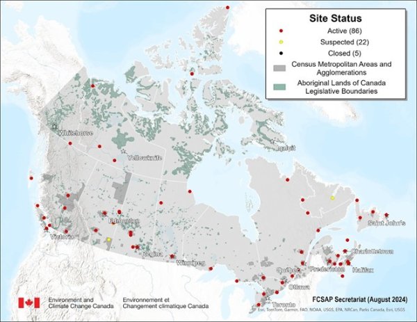 Map of Canada featuring locations of federal contaminated sites with confirmed or suspected PFAS contamination, as of August 2024