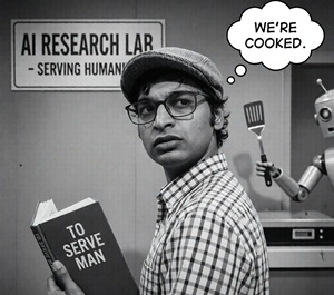 Black and white photo of author holding book called "To Serve Man" with a thought bubble above his head featuring the words "We're cooked"