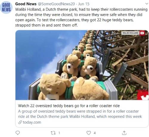 Tweet showing a roller coaster filled with oversized teddy bears strapped into the seats. The caption explains that Walibi Holland, a Dutch theme park, tested the roller coaster with teddy bears to ensure safety before reopening after a closure.