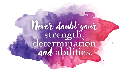 Watercolor background in shades of purple and pink with the inspirational text, 'Never doubt your strength, determination, and abilities.'