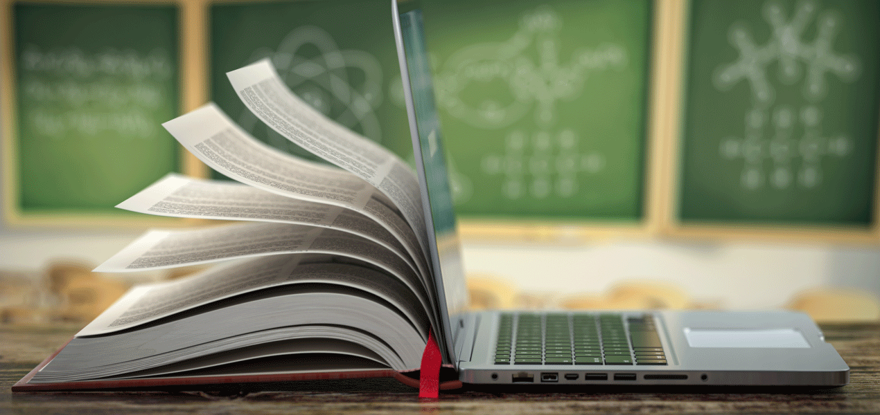 An open book transforming into a laptop, symbolizing the integration of traditional learning with digital education, with chalkboards in the background.