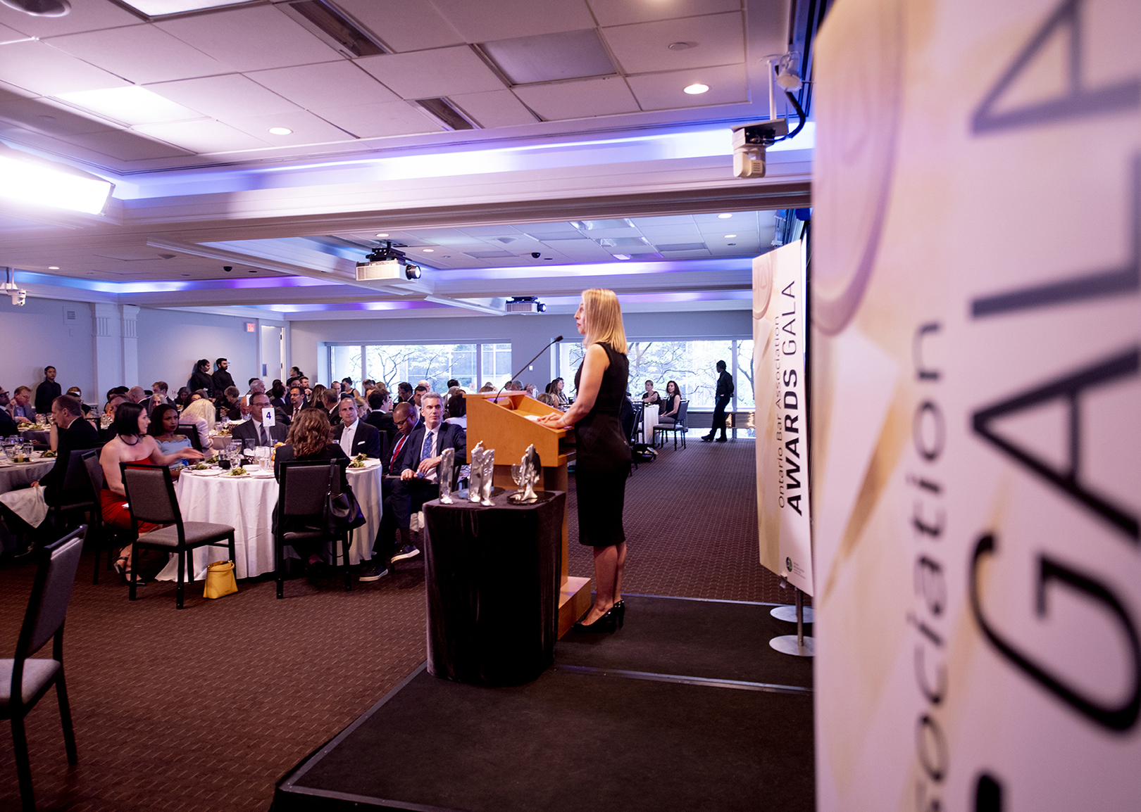 A legal conference with many people watching a speaker at podium