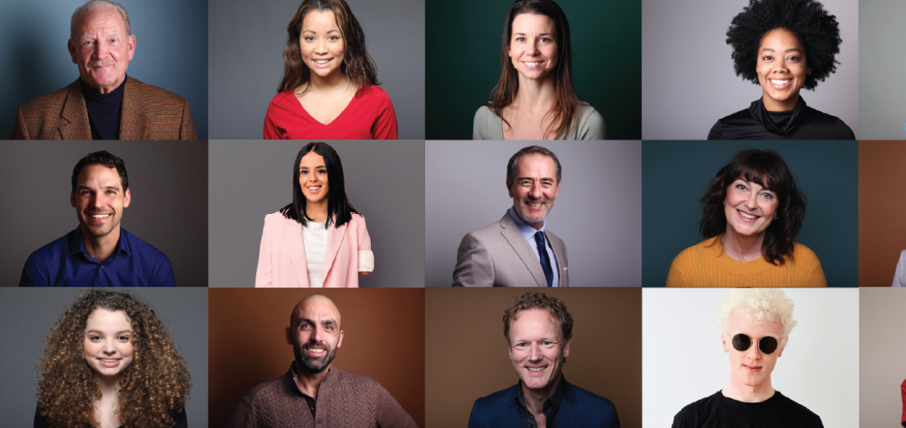 A diverse grid of portraits featuring smiling individuals of various ages, ethnicities, and backgrounds against colorful backgrounds, representing inclusivity and community