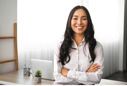 Young Asian legal professional working in a bright office