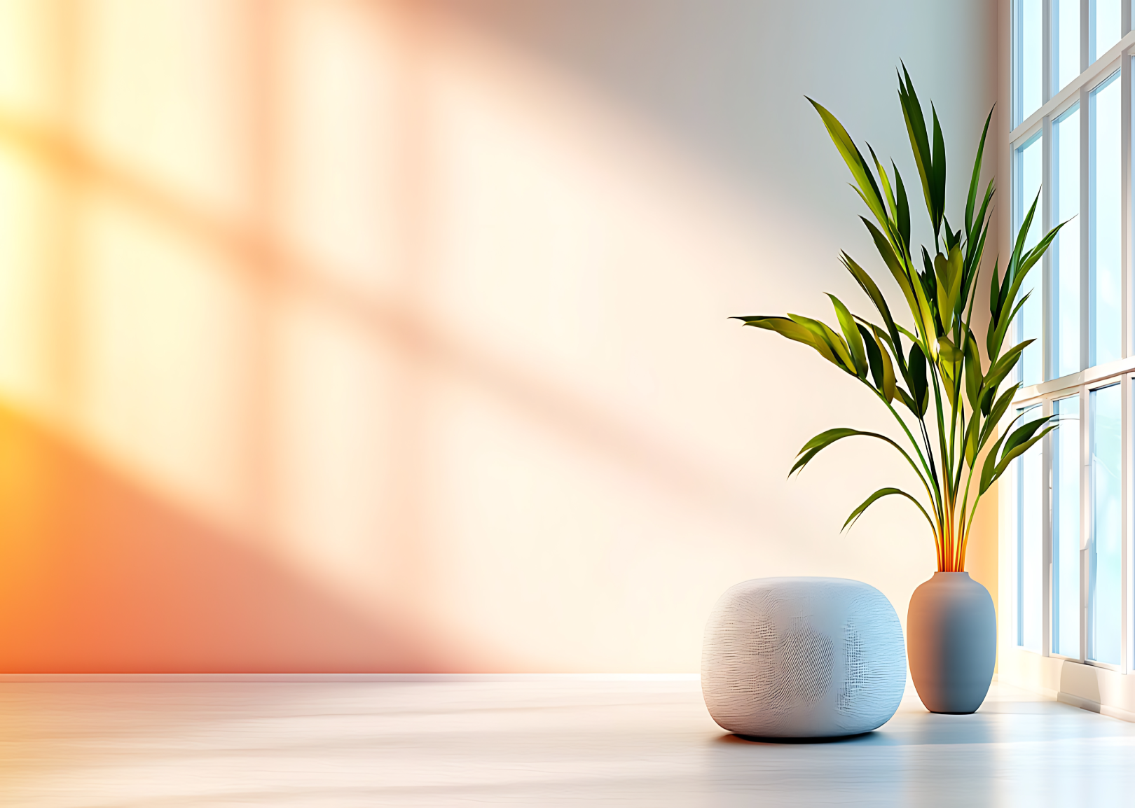 A minimalist interior space with soft sunlight streaming through large windows, casting warm shadows on a light-colored wall. The scene features a green leafy plant in a vase and a textured, round ott