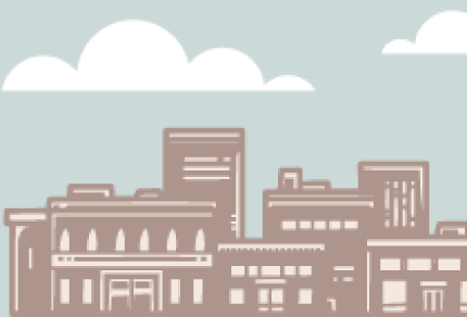 Stylized illustration of a city skyline with low-rise buildings and office towers beneath white clouds.