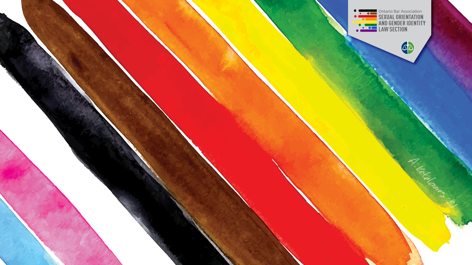 Diagonal paint strokes in Pride flag colors, including black, brown, pink, blue, and white, with OBA Pride logo in the top-right corner.