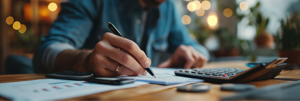 Person writing notes with a pen while using a calculator on a desk with papers