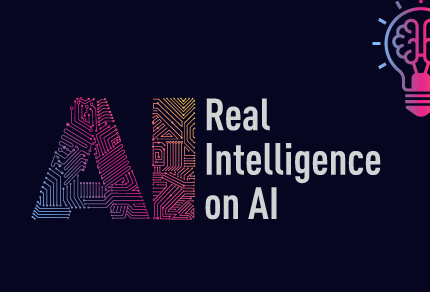 Text reading 'Real Intelligence on AI' with colorful circuit-themed 'AI' lettering and an illustrated lightbulb icon on a dark background."