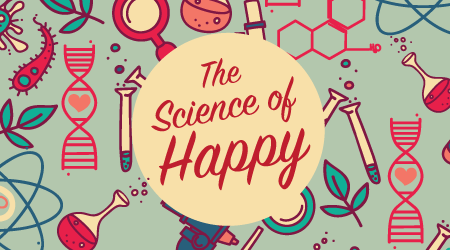 Illustration with the text 'The Science of Happy' in the center, surrounded by science-themed icons like DNA strands, test tubes, molecules, and magnifying glasses, all in a colorful, playful design.