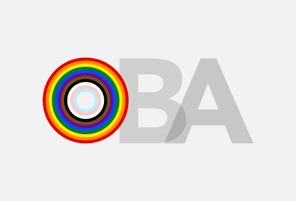 A circular design with concentric rings in the colors of the Progress Pride flag, next to large gray letters "BA" on a light grey background.