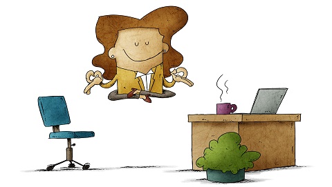 Cartoon illustration of a person meditating in a lotus position, floating above the ground in an office setting with a chair, desk, laptop, coffee mug, and plant.