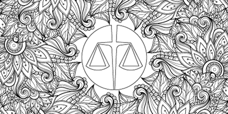 Intricate black-and-white mandala-style illustration featuring the scales of justice in the center, surrounded by detailed floral and abstract patterns.