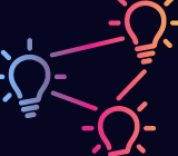 Three interconnected light bulb icons in blue, pink, and orange on a dark background, symbolizing ideas, creativity, and collaboration.
