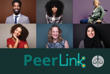 Collage of diverse individuals smiling above the 'PeerLink' logo with a scales of justice icon.