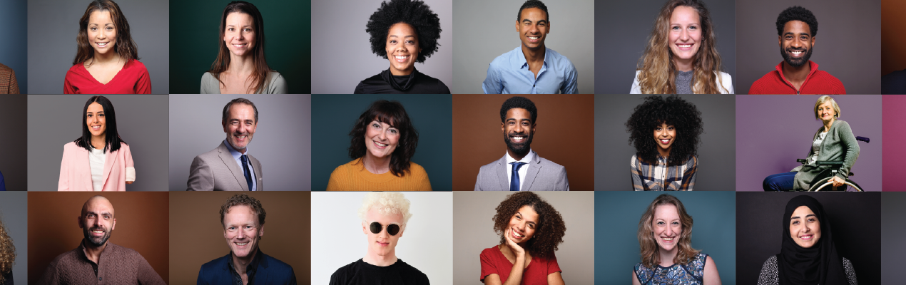 A diverse grid of portraits featuring smiling individuals of various ages, ethnicities, and backgrounds against colorful backgrounds, representing inclusivity and community