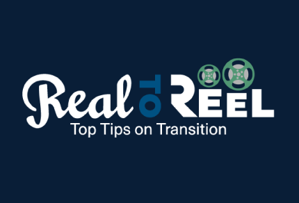 Real to Reel logo on a dark blue background.