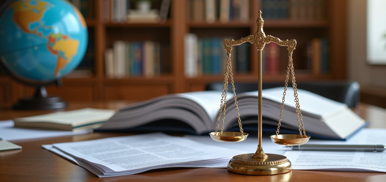 A desk with legal documents, an open law book, a golden scale of justice, and a globe in a law library setting, symbolizing international law."