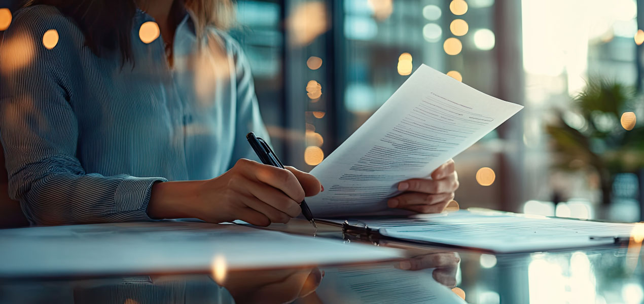 Close-up of a person reviewing and signing documents at a desk in a modern office with warm lighting.