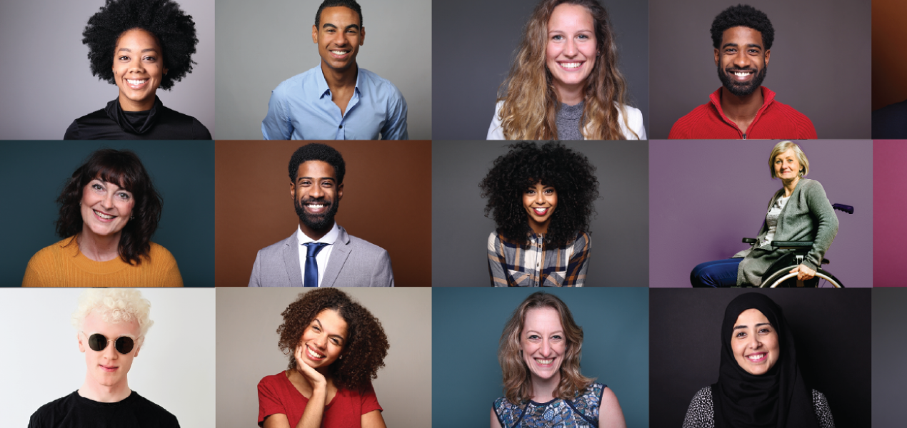 A diverse grid of portraits featuring smiling individuals of various ages, ethnicities, and backgrounds against colorful backgrounds, representing inclusivity and community