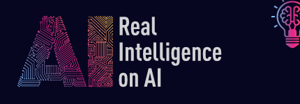 Stylized text 'AI' with circuit board patterns, the phrase 'Real Intelligence on AI,' and a pink lightbulb illustration on a dark background.