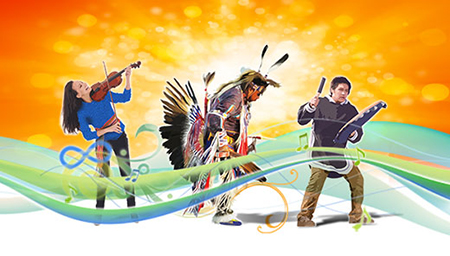 Three individuals performing against a vibrant orange background: a woman playing a violin, an Indigenous dancer in traditional regalia, and a man playing a guitar, with flowing musical notes and ribbons in the foreground.