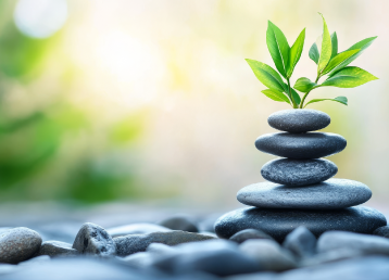 A small green plant sprouting from a balanced stack of smooth gray stones, set against a blurred natural background, symbolizing harmony, growth, and balance.