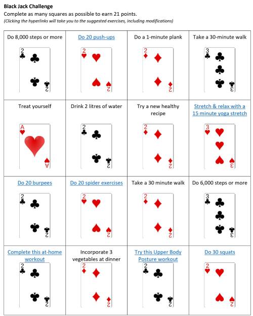 Black Jack Challenge chart with tasks like push-ups, squats, walking, drinking water, and yoga, each tied to playing card values. The goal is to complete tasks to score 21 points.