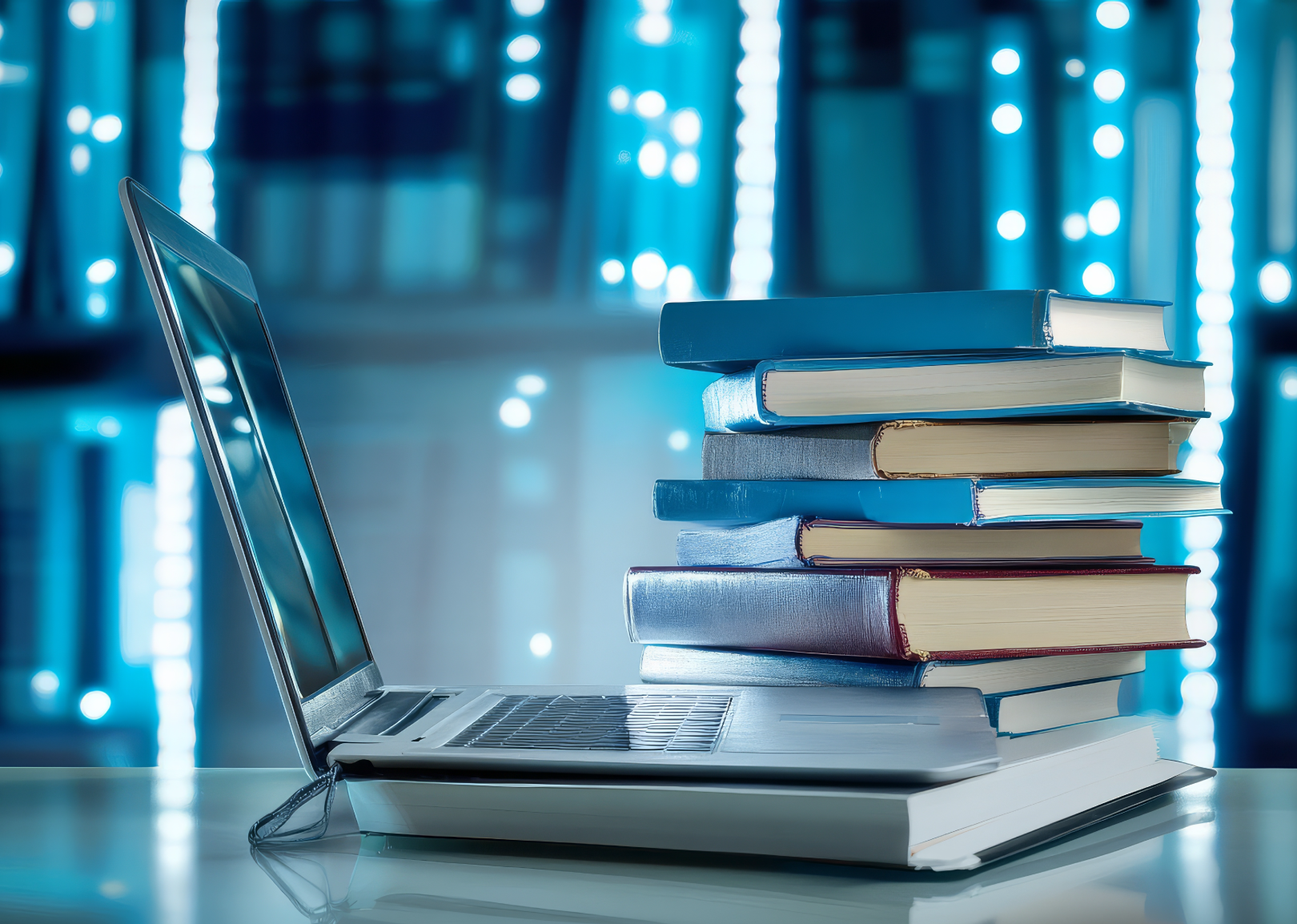 Open laptop next to a stack of books on a desk, with a blurred background of blue lights and shelves, symbolizing digital and traditional learning.