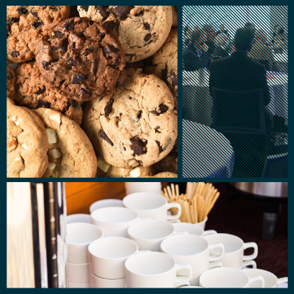 Collage featuring a close-up of assorted cookies with chocolate chips and white chocolate chunks, a blurred image of people at a formal event, and a stack of white coffee cups with wooden stirrers.