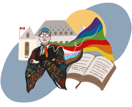 illustration of barbara findlay wearing court robe with pride-flag cape standing beside an open law book