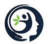 Abstract logo featuring a human head silhouette, a stylized figure with green leaves, and a circular design.