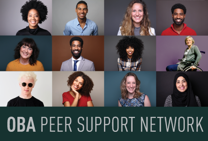 Collage of diverse individuals smiling, including men and women of various backgrounds, with the text 'OBA Peer Support Network' on a green banner below.