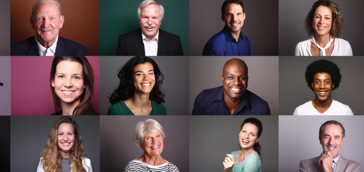 A diverse grid of portraits featuring smiling individuals of various ages, ethnicities, and backgrounds against colorful backgrounds, representing inclusivity and community