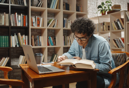 Law student studying with a laptop and books at a table in a university library.