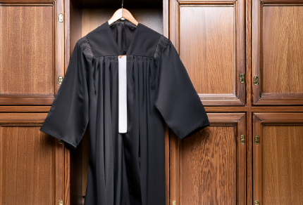 Black judicial robe hanging on a wooden hanger in front of wooden lockers.