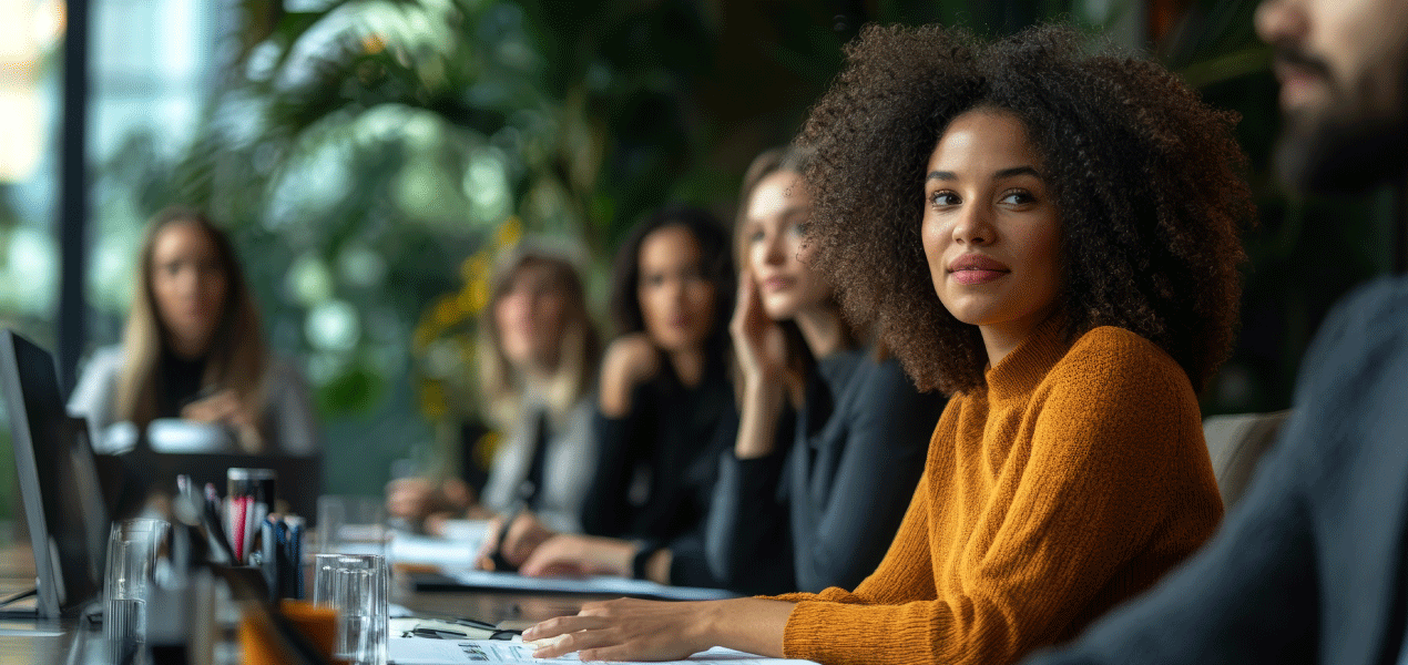 Diverse group of professionals in a modern office, attentively engaged in a meeting with a woman in an orange sweater as the focal point.